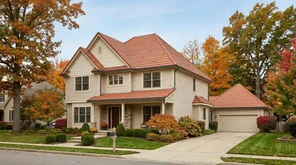 Two-story home in Akron, Ohio, with a steep concrete tile roof and visible gutters