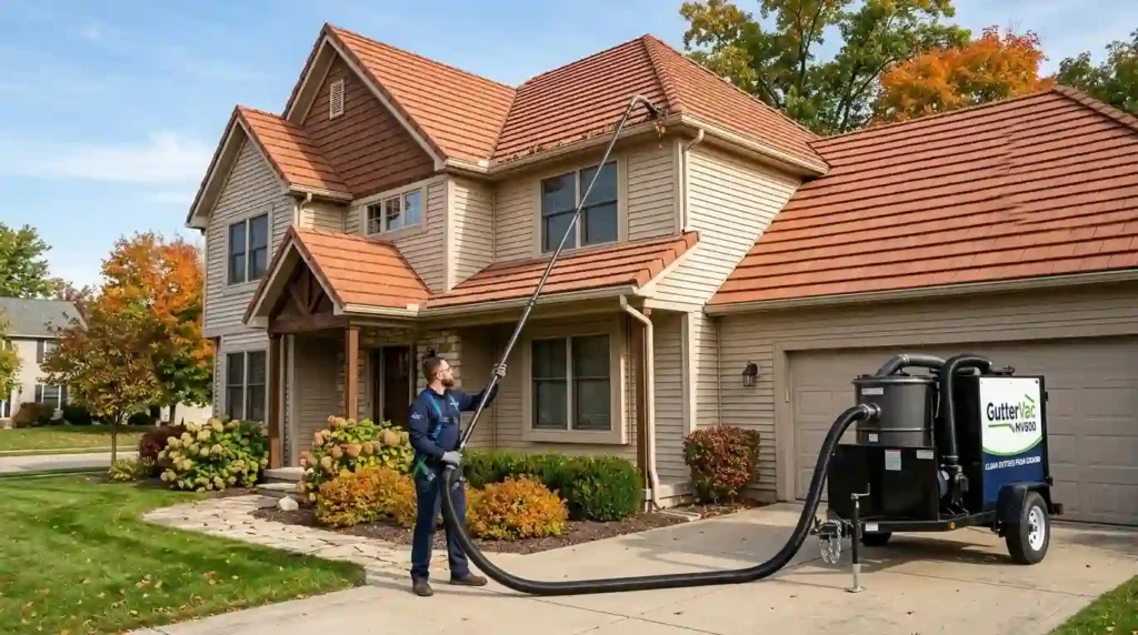 Professional using a long-reach gutter vacuum to clean gutters on a two-story home